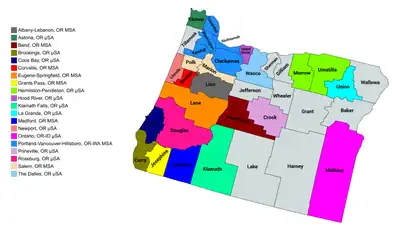 Map of the 20 core-based statistical areas in Oregon.