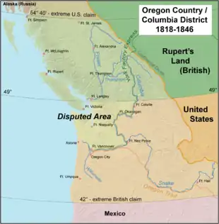 Image 3Map of the Oregon Country, with most heavily disputed area highlighted. The 1846 Oregon Treaty awarded this area to the U.S. (from History of Oregon)