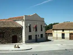 View of the Town Hall and the square called Plaza Mayor in Ortigosa de Pestaño, Segovia (Spain)