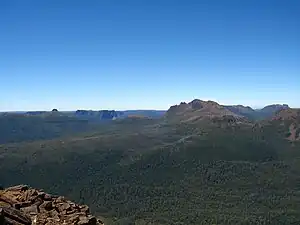 Mount Ossa, Tasmania's highest mountain from Pelion West on the right and Pelion East, the spire-like mountain on the left