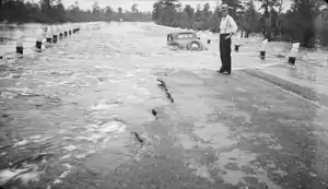 View of the August 20, 1939, Oswego River flood at Harrisville, as seen from where Chatsworth Road/County Route 679 crosses the river. The 1939 flood occurred despite the Harrisville Dam being in place since 1932.