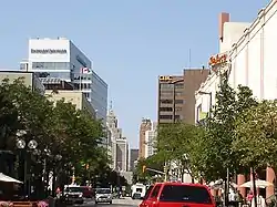 View from Ouellette Avenue in Windsor to the north across the river to Detroit's Guardian (right) and Penobscot Building (left) cityscape.