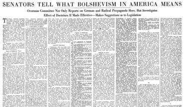 Newspaper clipping headlined "SENATORS TELL WHAT BOLSHEVISM IN AMERICA MEANS. Overman Committee Not Only Reports on German and Radical Propaganda Here, But Investigates Effect of Doctrines If Made Effective—Makes Suggestions as to Legislation"