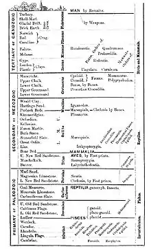 Image 8Geologic time scale from an 1861 book by Richard Owen shows the appearance of major animal types. (from History of paleontology)