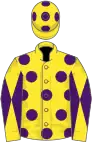 Yellow, purple spots, yellow sleeves, purple diabolo, yellow cap, purple spots