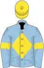 Light blue, yellow diamond, light blue sleeves