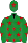 Dark green, red stars, dark green sleeves, red stars, dark green cap, red star