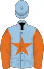 Blue, orange star, orange sleeves, light blue cap