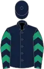 Dark blue, emerald green chevrons on sleeves