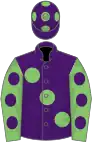 Purple, light green large spots, light green sleeves, purple spots, purple cap, light green spots