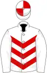 White, red chevrons on body, quartered cap