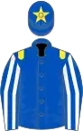 Royal blue, yellow epaulettes, royal blue and white striped sleeves, royal blue cap, yellow star