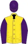 Yellow, purple sleeves and cap