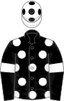 Black, white spots and armlets, white cap, black spots