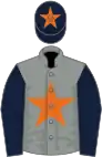 Grey, orange star, dark blue sleeves, dark blue cap, orange star