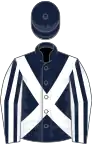 Dark blue, white cross belts, white and dark blue striped sleeves