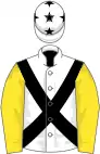 White, Black cross belts, Yellow sleeves, White cap, Black stars