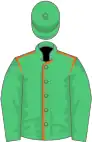 Emerald green, orange seams, emerald green sleeves and cap