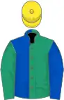 Emerald green and royal blue (halved), sleeves reversed, yellow cap