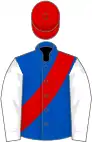 Blue, red sash, white sleeves, red cap