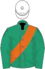 Emerald green, orange sash, white cap