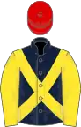 Dark blue, yellow sleeves and cross-belts, red cap