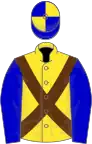 Yellow, brown cross belts, blue sleeves, blue and yellow quartered cap