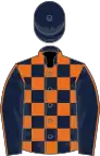 Dark blue and orange check, orange seams on sleeves, dark blue cap