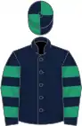 Dark blue, emerald green hooped sleeves, quartered cap