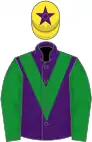 Purple, green chevron and sleeves, yellow cap, purple star