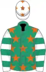 Emerald green, orange stars, white and emerald green hooped sleeves, white cap, orange stars