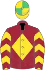 Maroon, yellow diamond, yellow and emerald green chevrons on sleeves, quartered cap