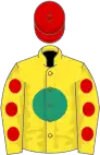 Yellow, emerald green disc, yellow sleeves, red spots, red cap