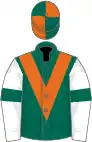 Dark green, orange chevron, quartered cap, white sleeves, dark green armlets