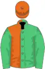 Emerald green and orange (halved), emerald green sleeves, orange cap