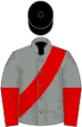 Grey, red sash, halved sleeves, black cap