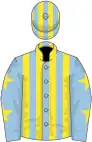 Light blue and yellow stripes, yellow stars on sleeves, yellow and light blue striped cap