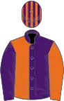 Purple and orange halved, sleeves reversed, striped cap