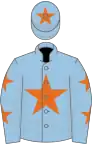 Light blue, orange star, orange stars on sleeves, orange star on cap