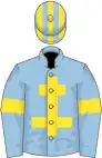 Soft blue, yellow cross of lorraine, soft blue sleeves, yellow armlets, yellow cap, soft blue striped