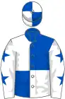 Royal blue and white quartered, white sleeves, royal blue stars, royal blue and white quartered cap