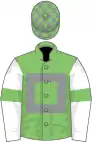 Light green, grey hollow box, white sleeves, light green armlets, light green and grey check cap