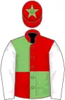 Red and light green (quartered), white sleeves, red cap, light green star