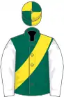 Dark green, yellow sash, white sleeves, yellow and dark green quartered cap