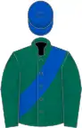 DARK GREEN, royal blue sash and cap