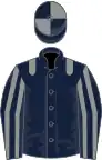 Dark blue, grey epaulets, striped sleeves, quartered cap