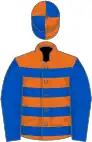 Orange and royal blue hoops, blue sleeves, quartered cap