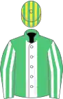 Emerald green, white panel, striped sleeves, emGreen and yellow striped cap