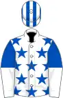 White, royal blue stars, royal blue and white halved sleeves,  striped cap