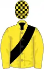 YELLOW, black sash, check cap